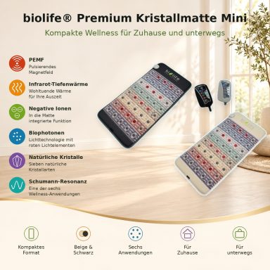 biolife® Premium Kristallmatte Mini in Beige und Schwarz mit passenden Controllern und sechs Funktionen vor einem hellen Wohnraum.