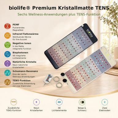 biolife® Premium Kristallmatten TENS, in schwarz oder beige, mit 9 natürlichen Kristallen und Schumann Resonanz.