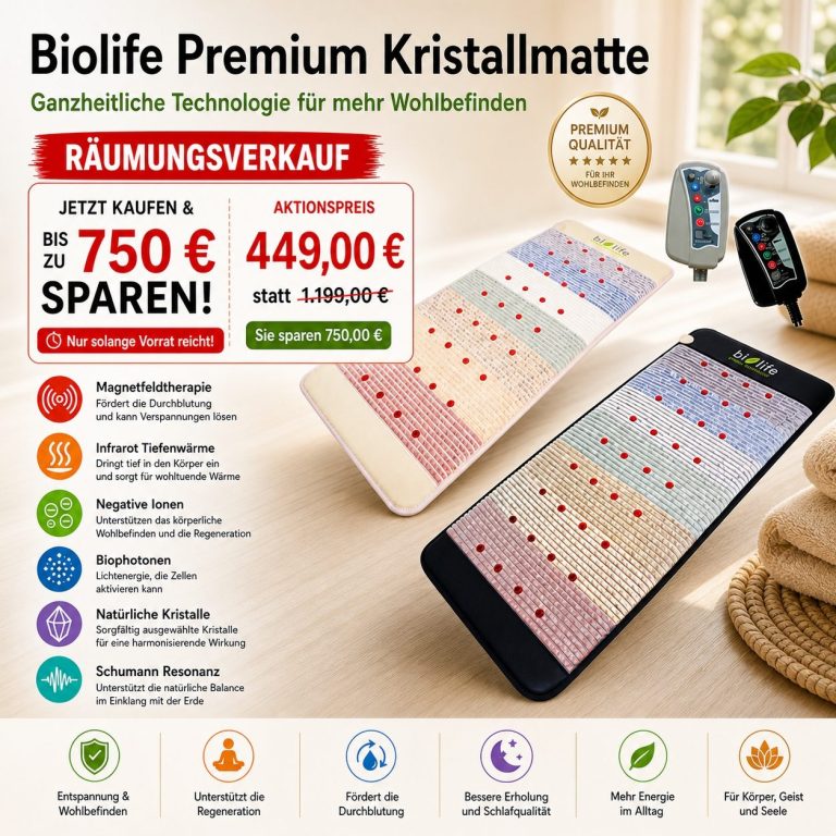 Biolife Premium Kristallmatte mit Infrarot Tiefenwärme, Magnetfeldtherapie und natürlichen Kristallen im Räumungsverkauf. Sie sparen 750,00 