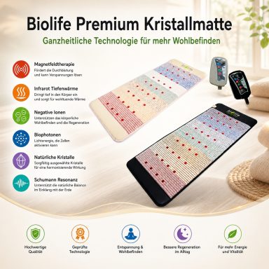 biolife® Premium Kristallmatten in Beige und Schwarz mit passenden Controllern und sechs natürlichen Anwendungen.