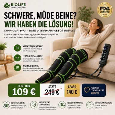 Lymphomat Pro+ Lymphdrainage Gerät mit Luftdruckmassage, Vibration und Wärme zur Anwendung zuhause für entspannte Beine