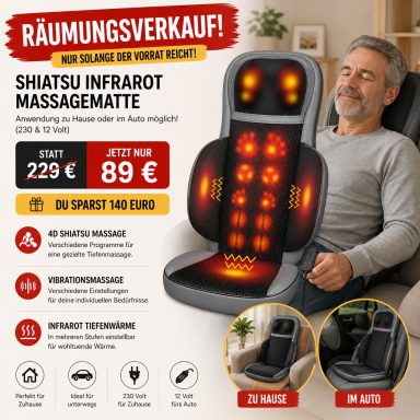 Shiatsu Infrarot Massagematte mit 4D Massage, Vibrationsfunktion und Wärmebehandlung zur Anwendung zuhause oder im Auto