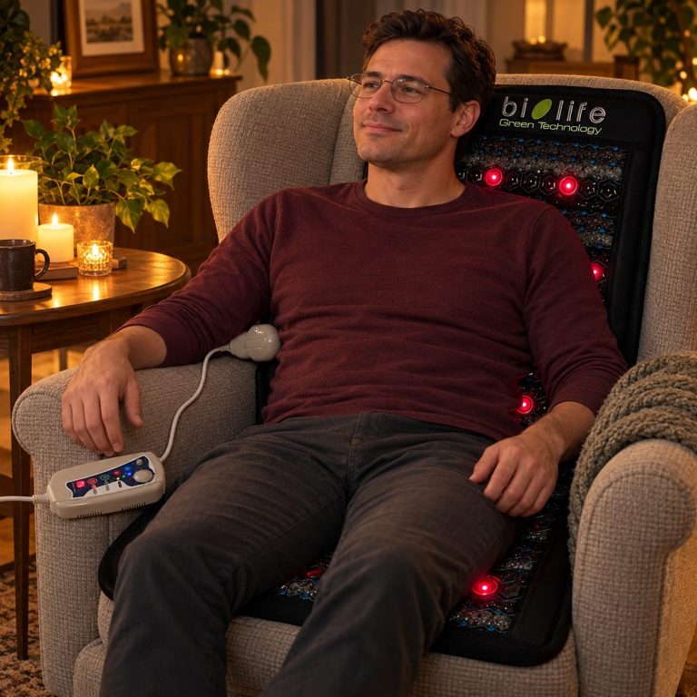 Mann sitzt auf der eingeschalteten biolife® Premium Stuhl-Kristallmatte im Sessel bei Kerzenlicht; rote Biophotonen-Lichter leuchten.