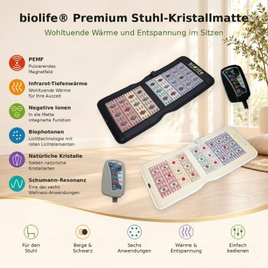 biolife® Premium Stuhl-Kristallmatte in Beige und Schwarz mit passenden Controllern und einer Übersicht der sechs Anwendungen.
