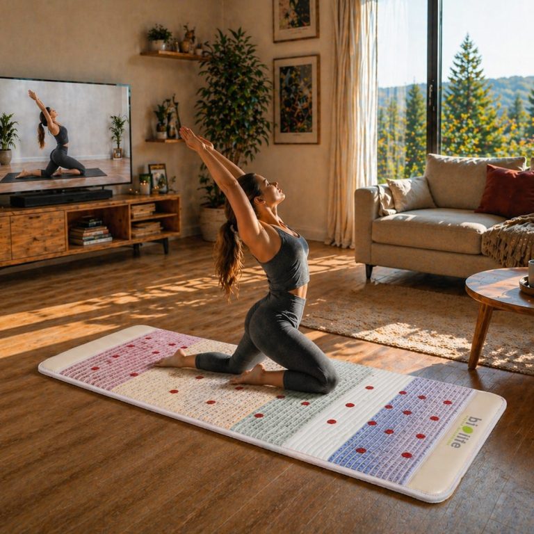 Eine Frau macht Yoga Übungen auf der Original Biolife Premium Kristallmatte