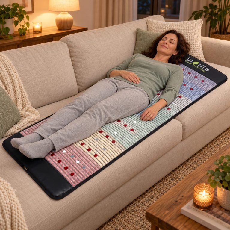 Frau liegt entspannt auf einer schwarzen biolife® Premium Kristallmatte TENS auf einem beigen Sofa im gemütlichen Wohnzimmer.